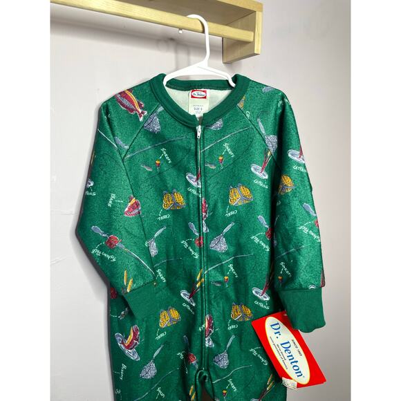 NEW 90s Vintage Dr Denton Toddler Size 5 Green Fishing Full Zip Pajamas Fish - Picture 3 of 5
